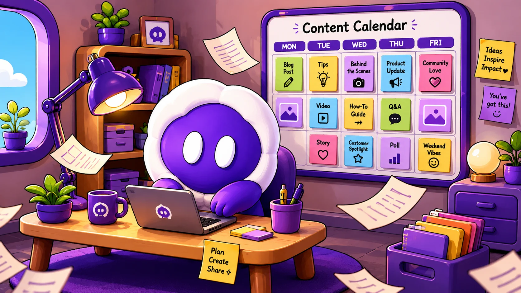 Comic-style Spron typing at a desk under a lamp, pages flying, with a colourful content calendar board on the wall behind him
