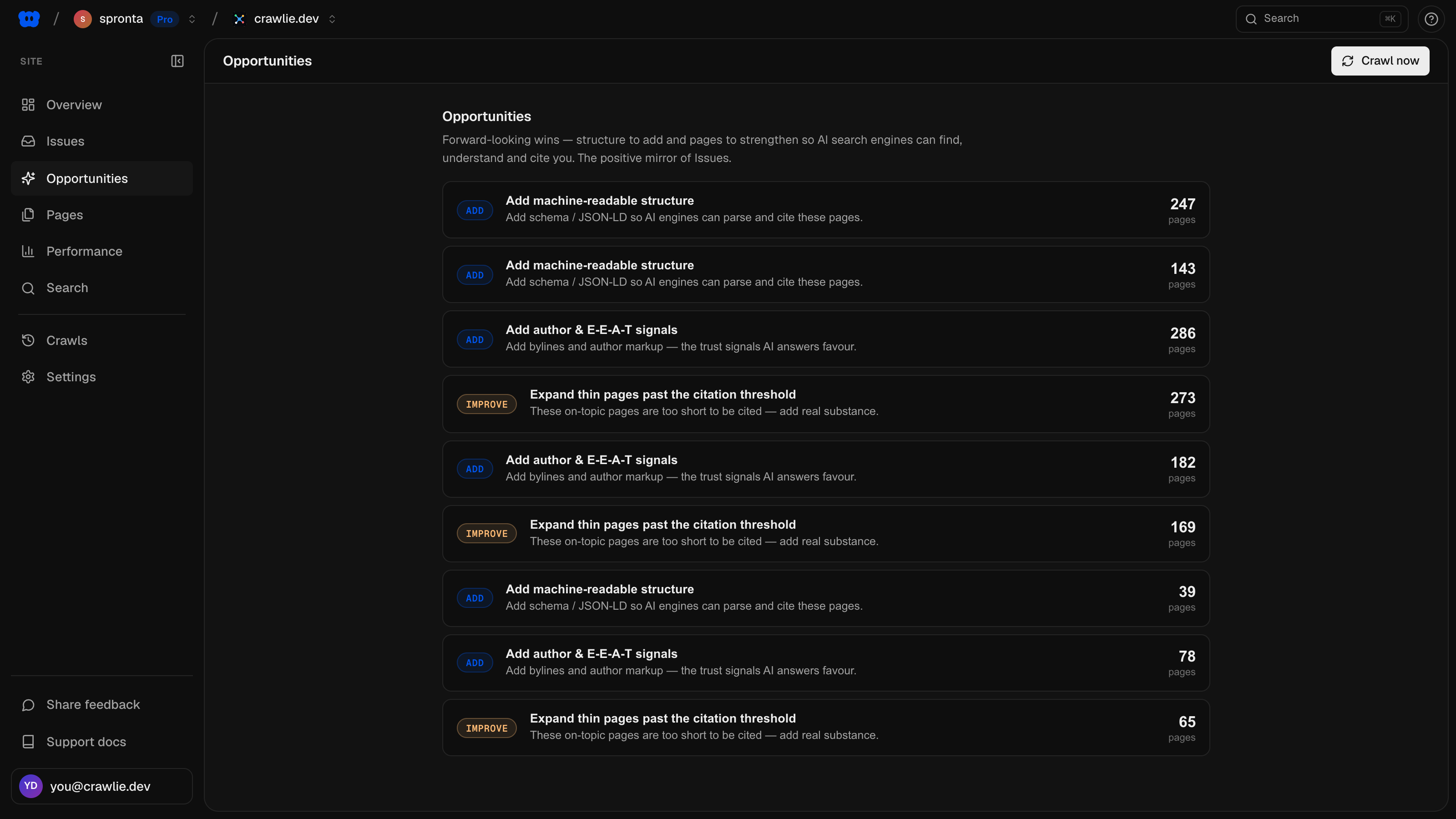 The Opportunities tab: AI-citation wins like adding structured data and answer-ready blocks