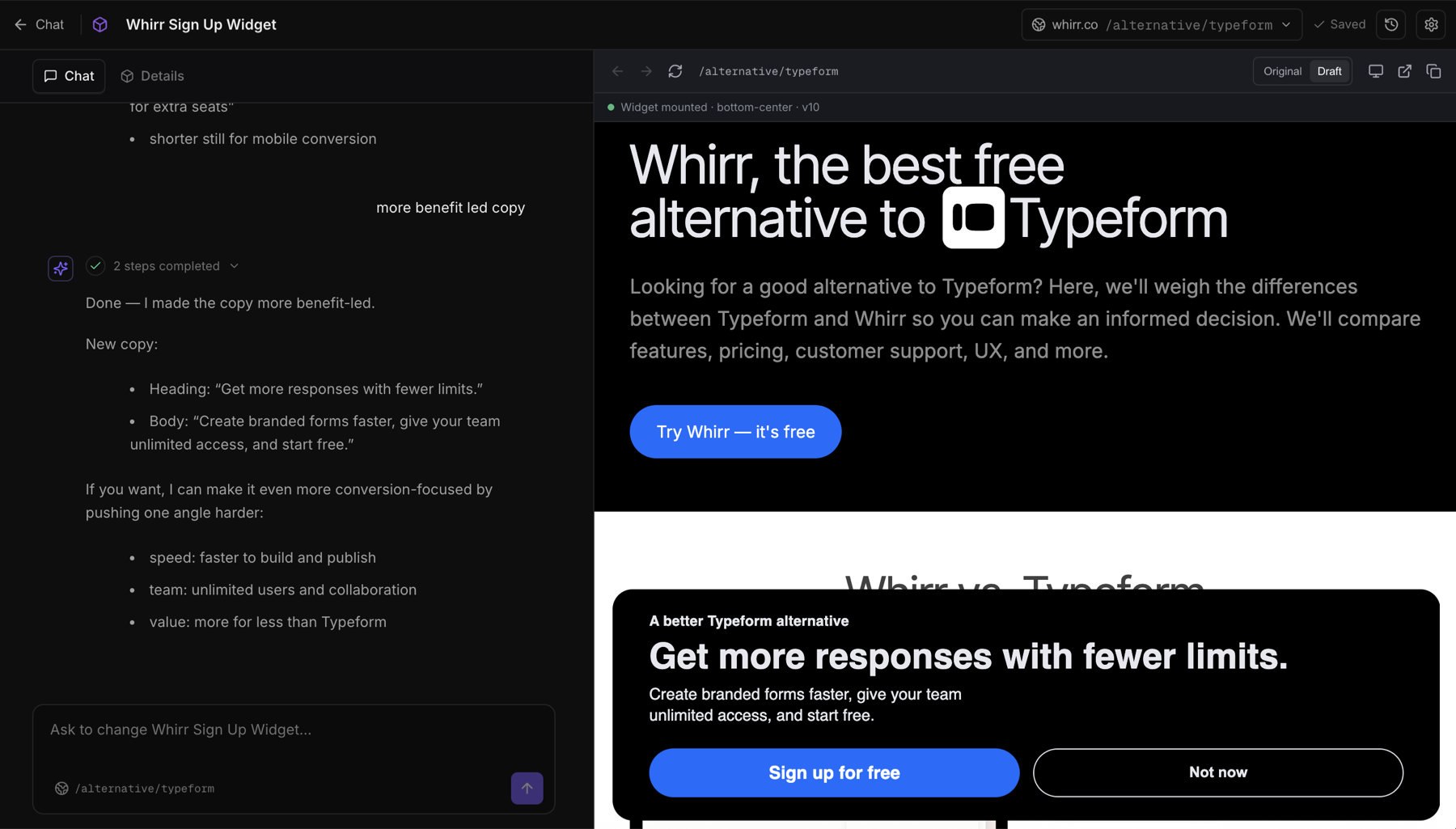 Spronta Studio: a chat revising a sign-up widget on the left, the widget rendered on the live page on the right